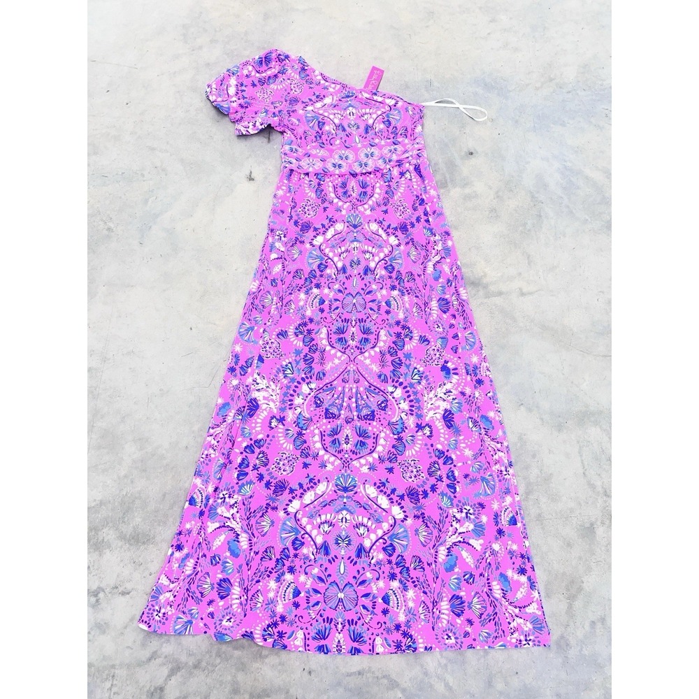 Lilly Pullitzer Solana One Shoulder Maxi Dress Havana Pink Turtle Tidepool L